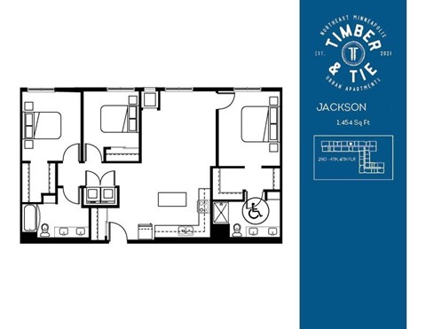 Floor plan for 3 beds, 2 baths, 1454 sqft